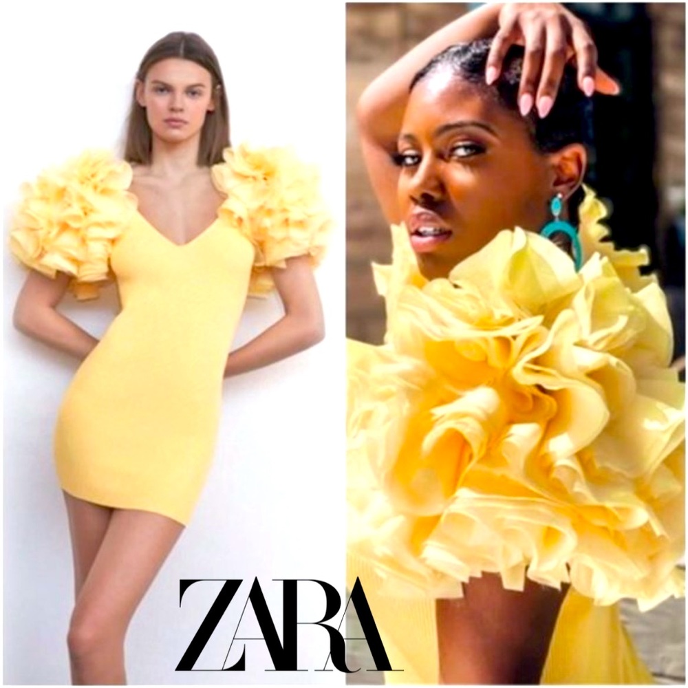 $165 ZARA Bodycon Knit Mini Statement Dress Organza Puff Sleeve Yellow S